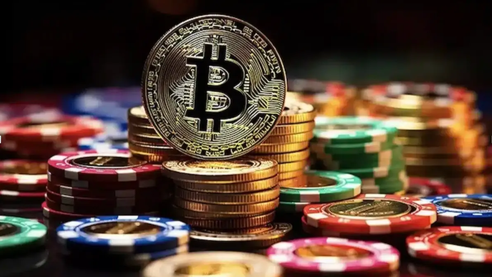 casino with chips ith coins and bitcoin symbol.